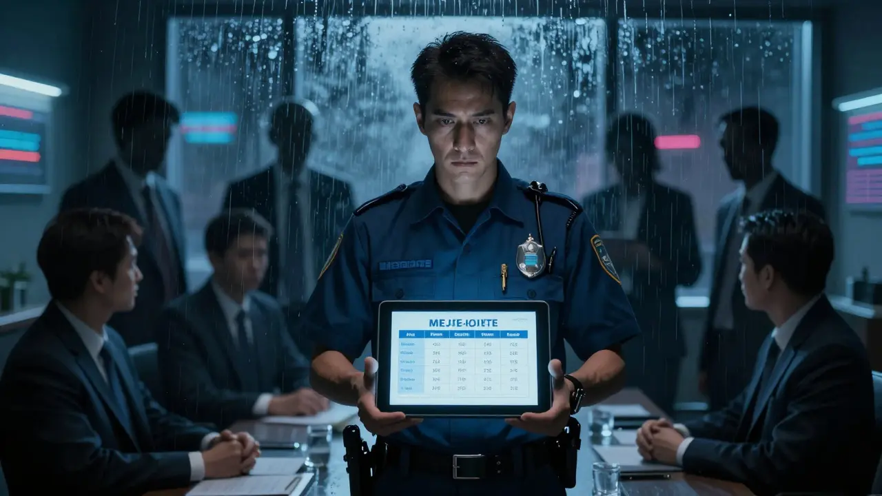 Medicare agent negotiating against shadowy pharma executives in a rainy room