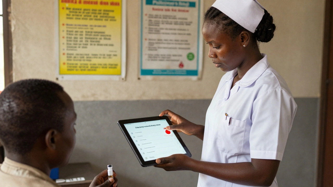 Nurse in a rural clinic reporting a drug reaction using a simple low-tech interface.