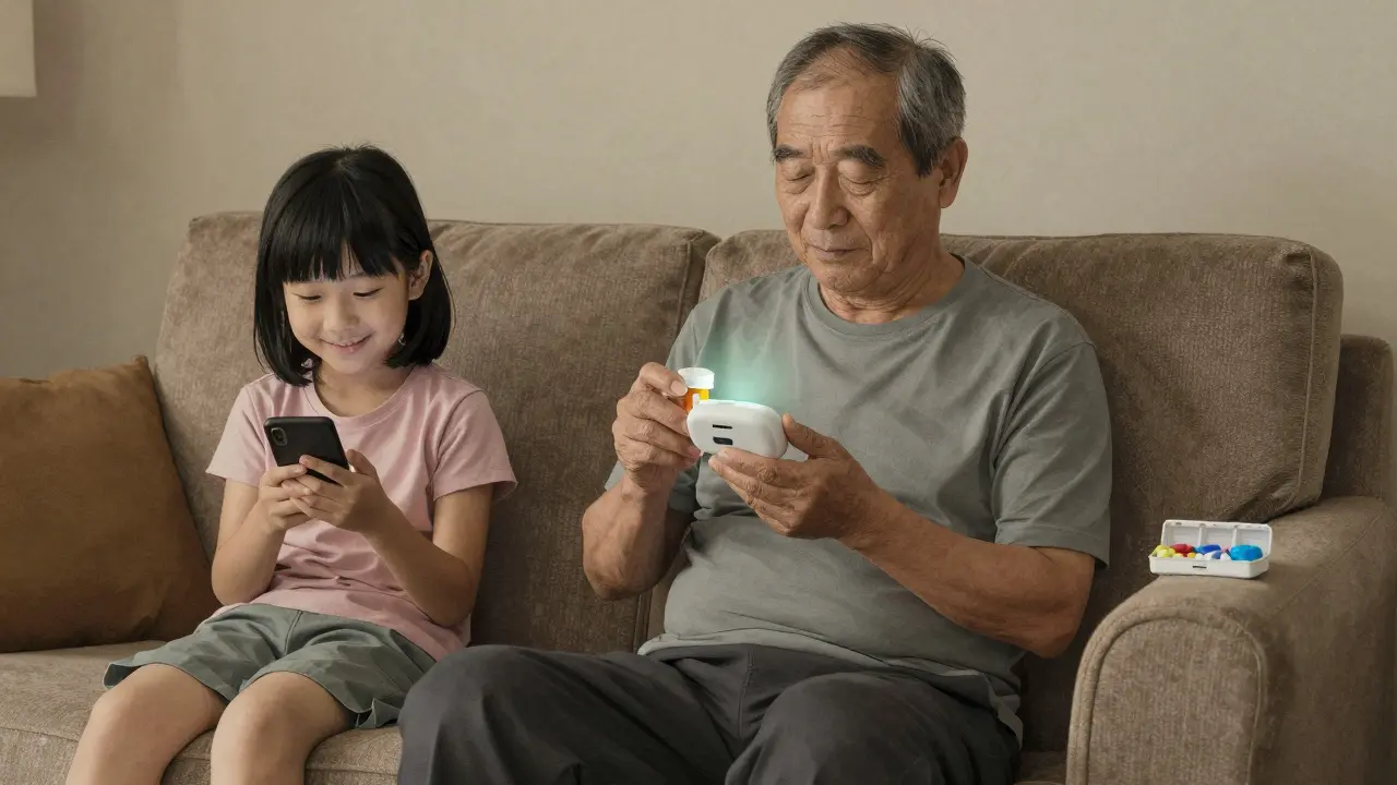 Older man holding timer-cap pill bottle as granddaughter sits nearby in living room.