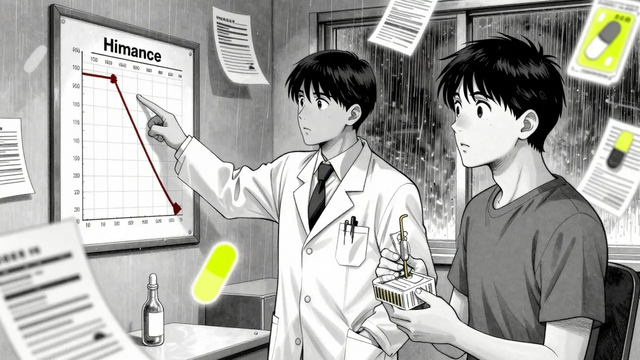 Patient and doctor in exam room, patient holding copper IUD and condoms as hormone chart shows drop.