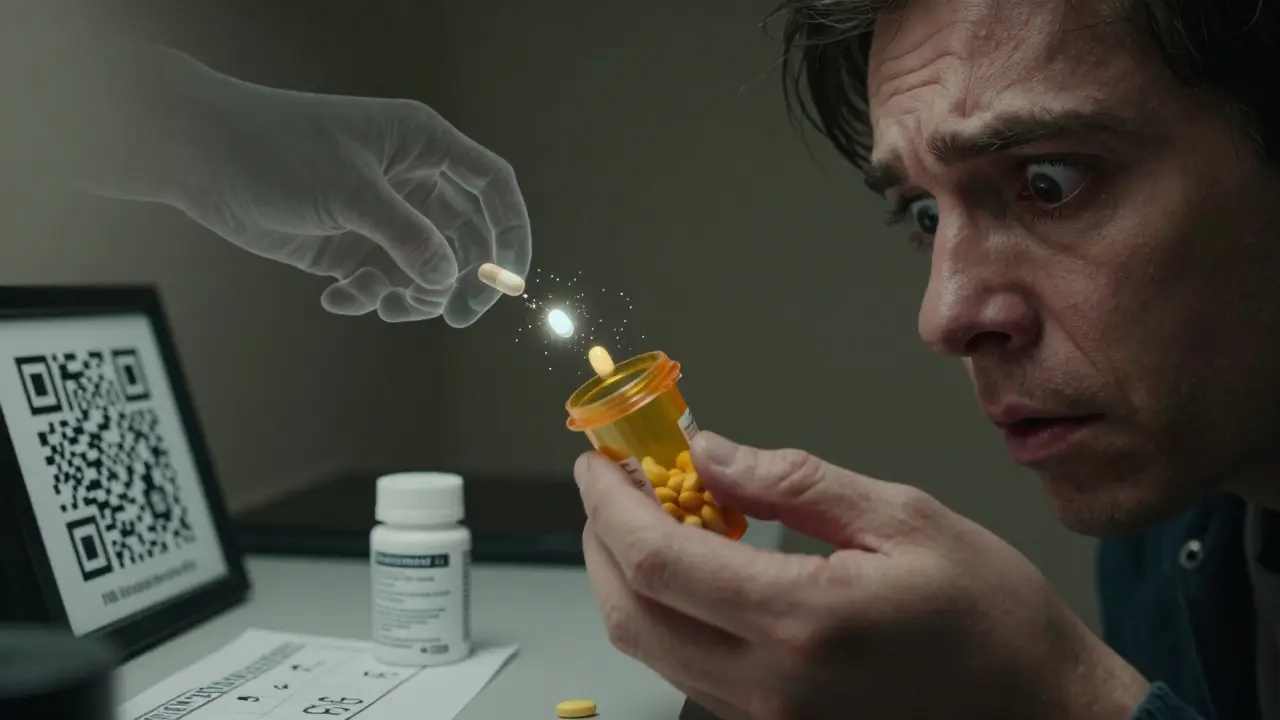 Patient receiving generic pill with translucent brand version beside it, excipient particles floating, QR code visible.