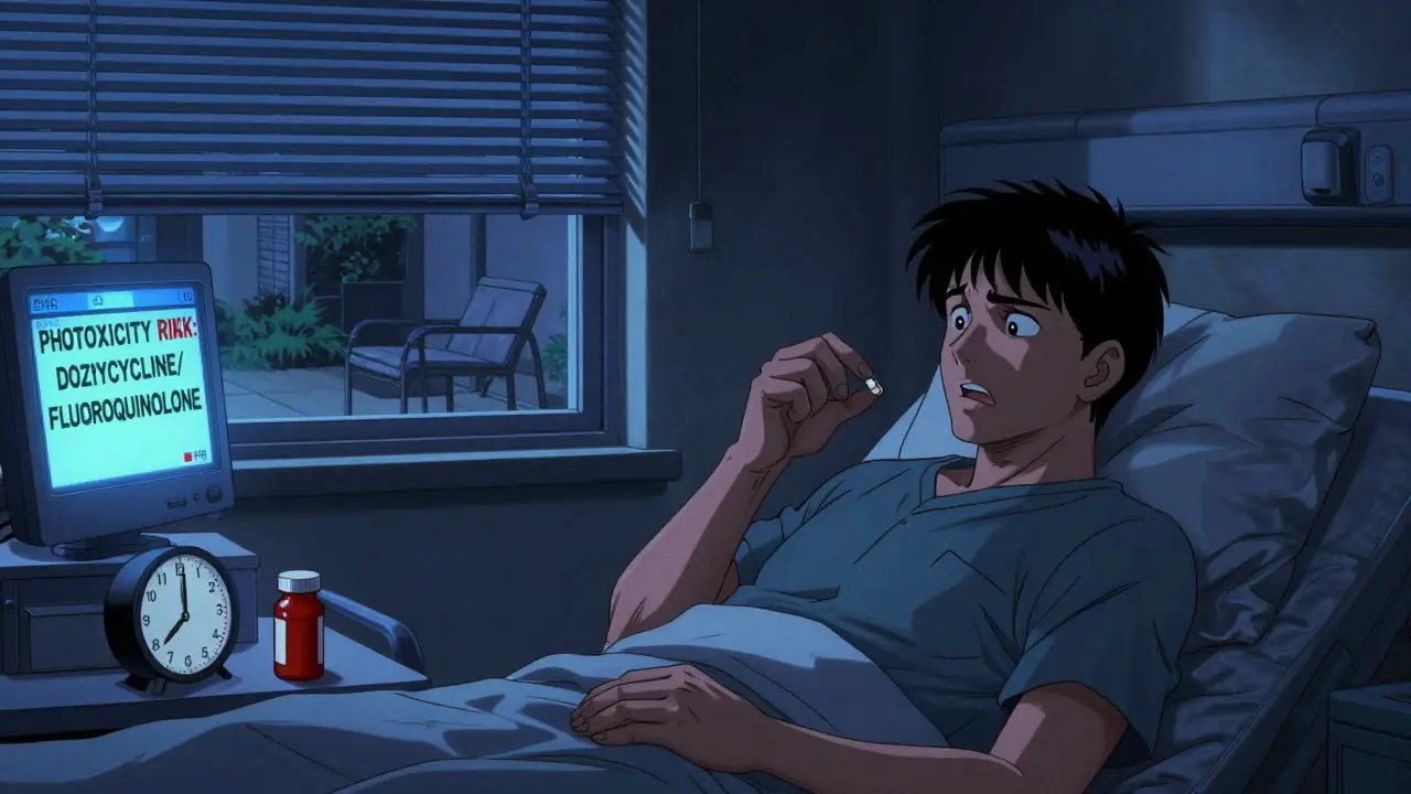 Patient taking antibiotic at night with sunlight streaming through blinds and medical alert on screen.