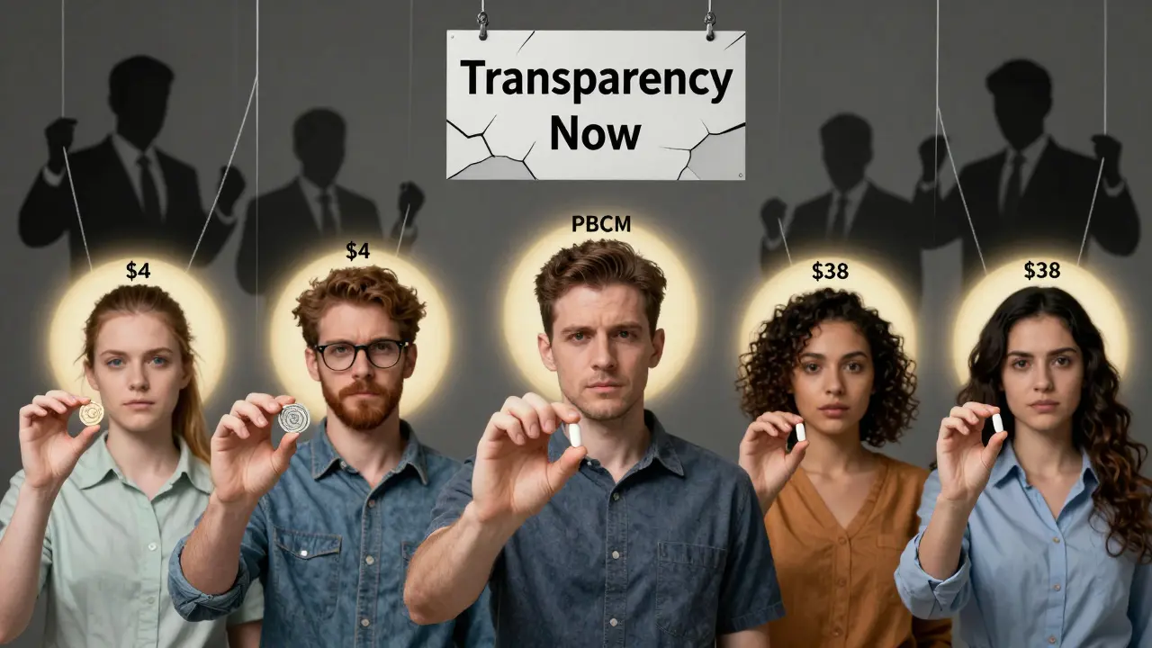 People holding identical pills with conflicting prices around them, while shadowy corporate figures pull strings above.