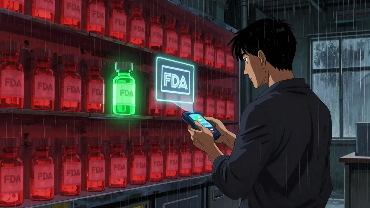 Person scanning pills in warehouse, holographic FDA verification flags glowing above them.