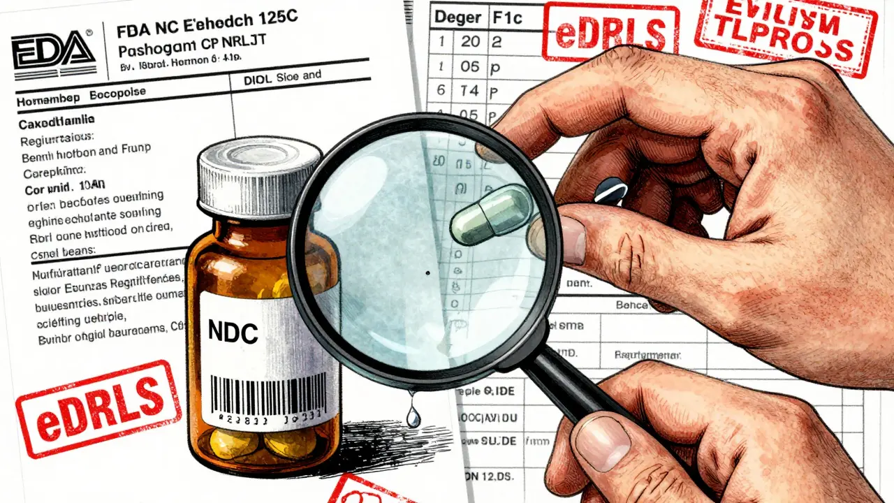 Pharmacist examining pill bottle under magnifying glass, revealing counterfeit label flaws.