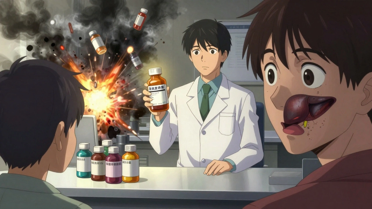 Pharmacist holding single pill while combo medicines explode into smoke, patient sees liver damage in reflection.