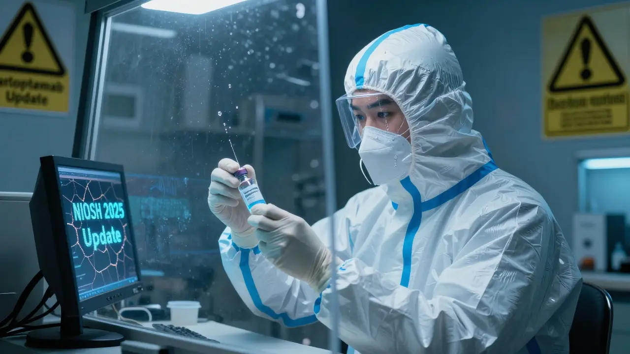 Pharmacist in hazmat gear preparing hazardous cancer drug under sealed ventilation hood.