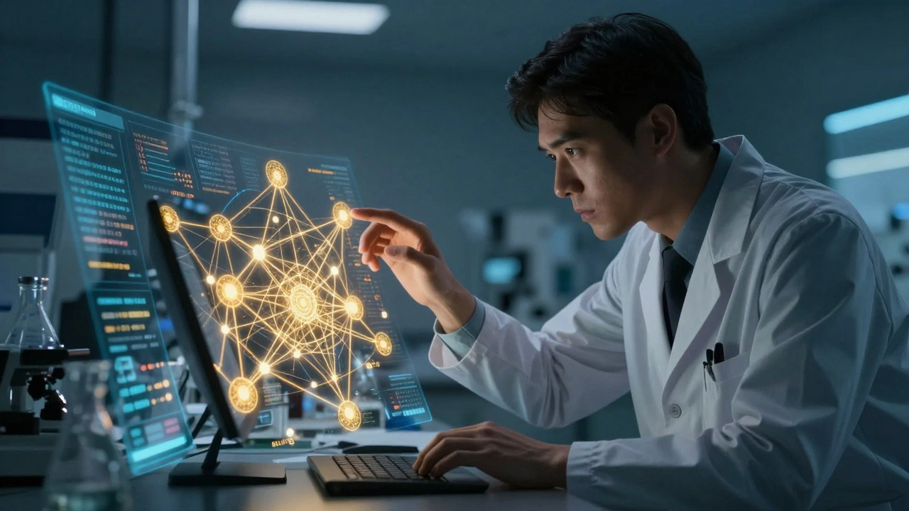 Pharmacovigilance expert reviewing AI-generated patient data patterns with a hand pausing an alert.