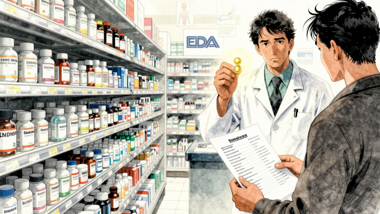 Pharmacy shelf filled with generic pills versus a patient holding an allergen-free medication.