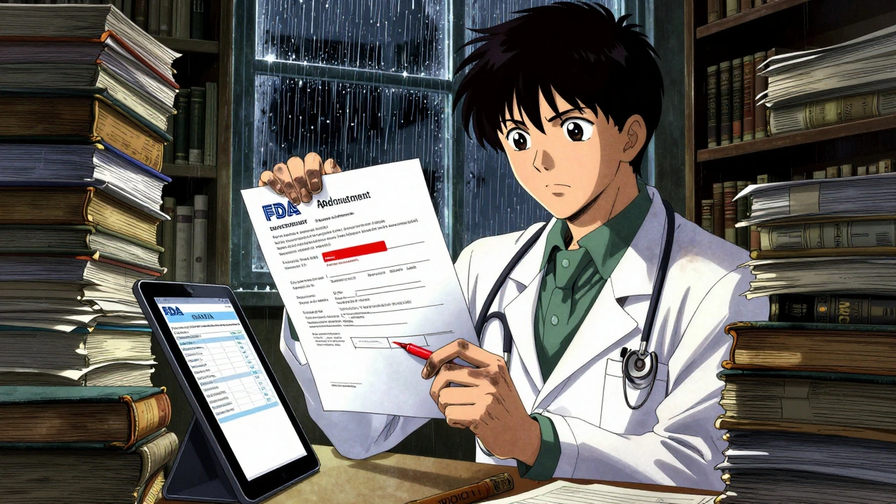 Researcher comparing printed FDA approval letter with digital Drugs@FDA records in a dim library.