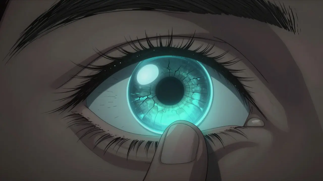 Scleral lens floating above eye with saline reservoir, revealing underlying scarred cornea in clinical setting.