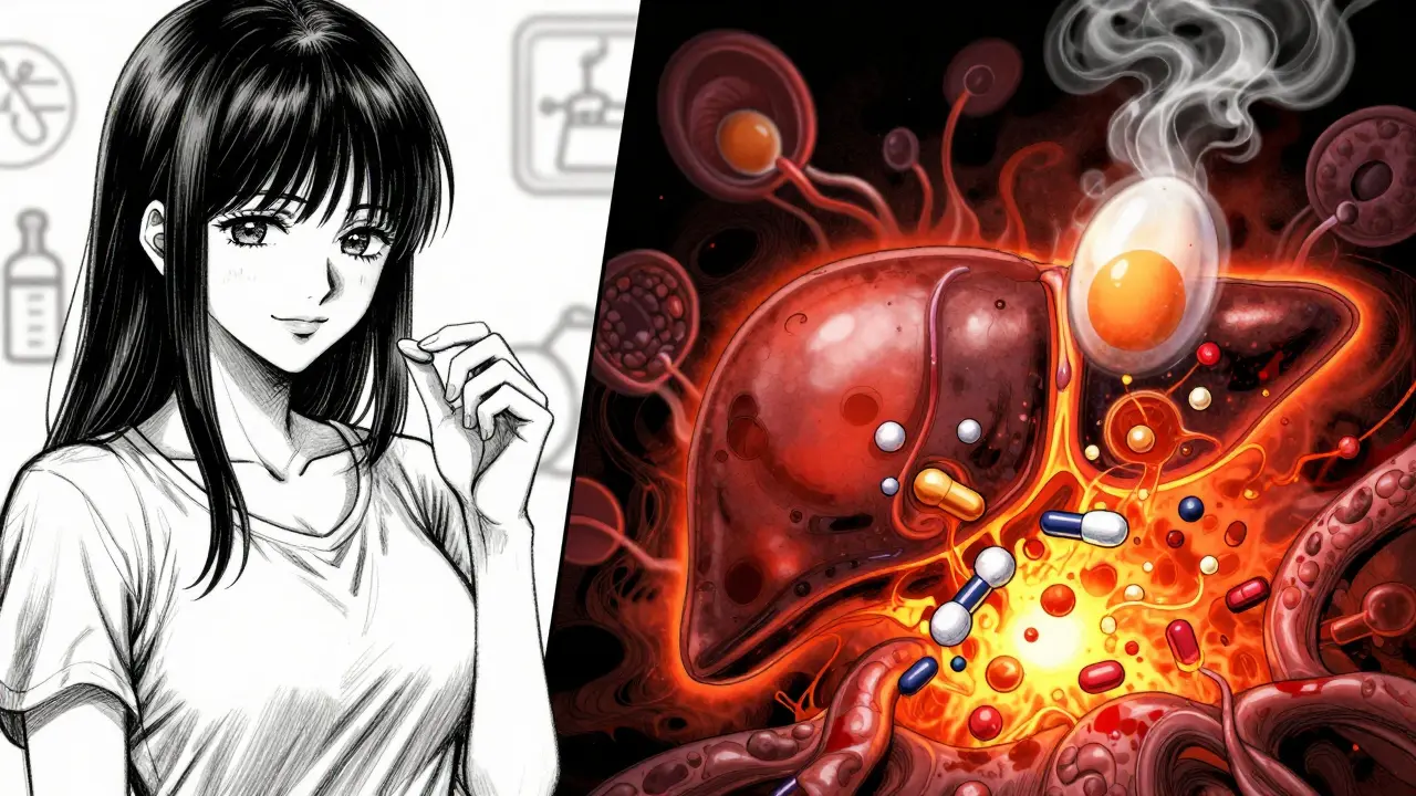 Split-panel liver enzyme system destroying contraceptive hormones while an egg is released.