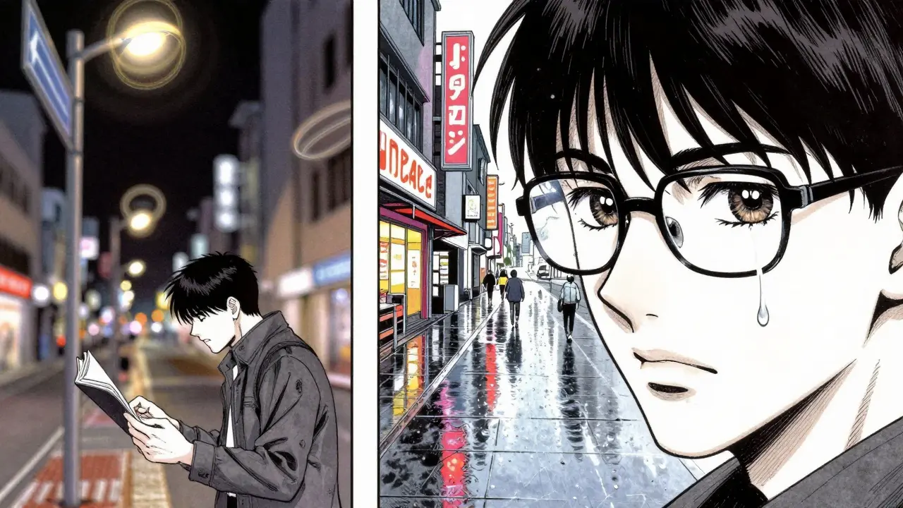 Split scene: blurred vision vs. sharp vision through rigid lenses, person reading street sign at night.