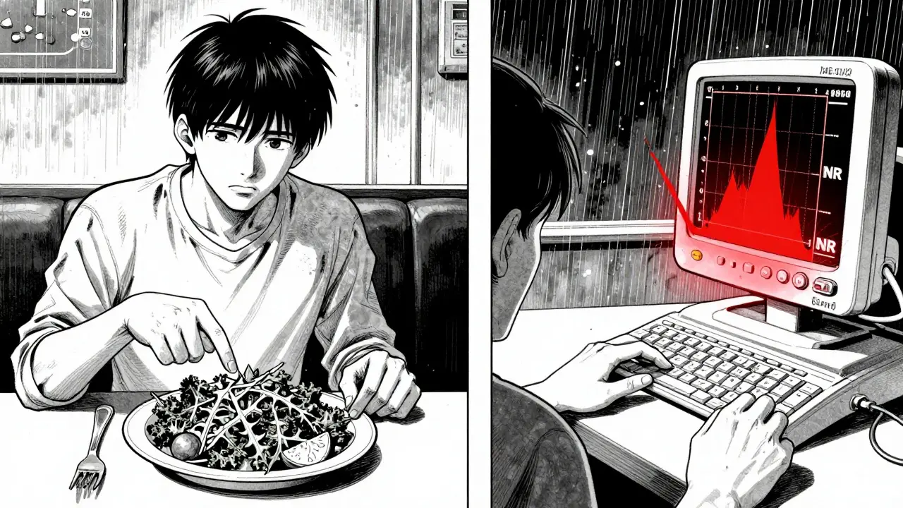 Split scene of restaurant salad order and rising INR graph, conveying dietary risk under Gekiga style.