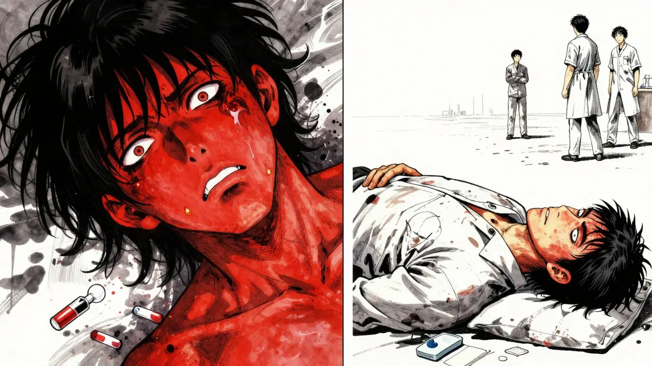 Split scene showing stimulant overdose symptoms and post-naloxone recovery with paramedics approaching.