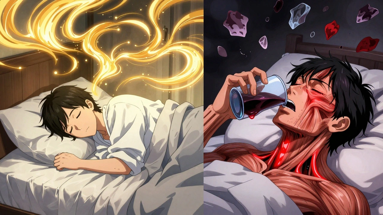 Split-screen of peaceful sleep vs. alcohol-induced airway collapse with dropping oxygen levels.