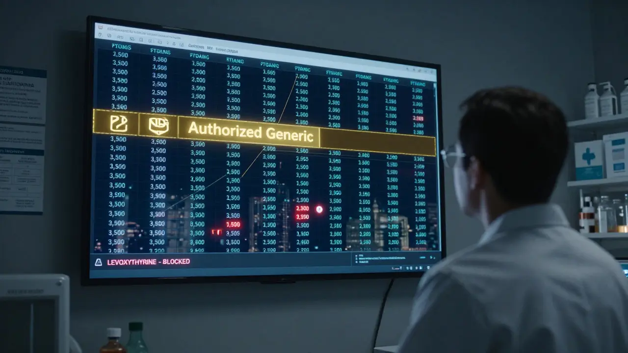 Technician facing wall of flashing FDA NDC updates, authorized generic highlighted, state law icons flickering in background.