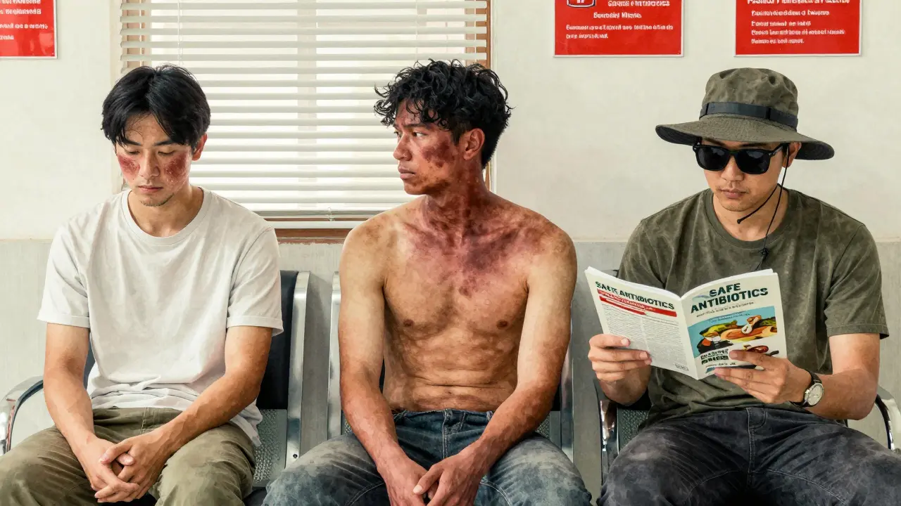 Three patients in clinic showing phototoxicity effects, one calmly protected with hat and sunglasses.