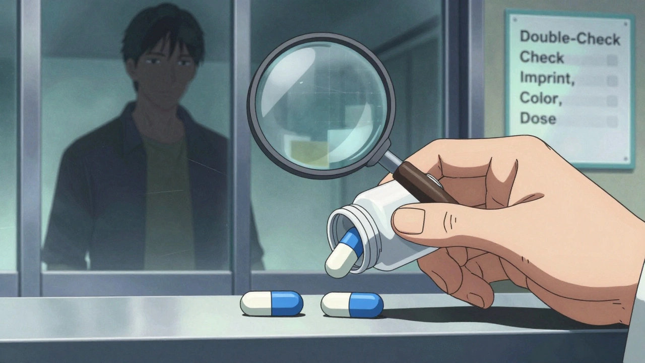 Two pills side by side on a counter—one white, one blue—with a magnifying glass and pharmacist&#039;s hands frozen in hesitation.