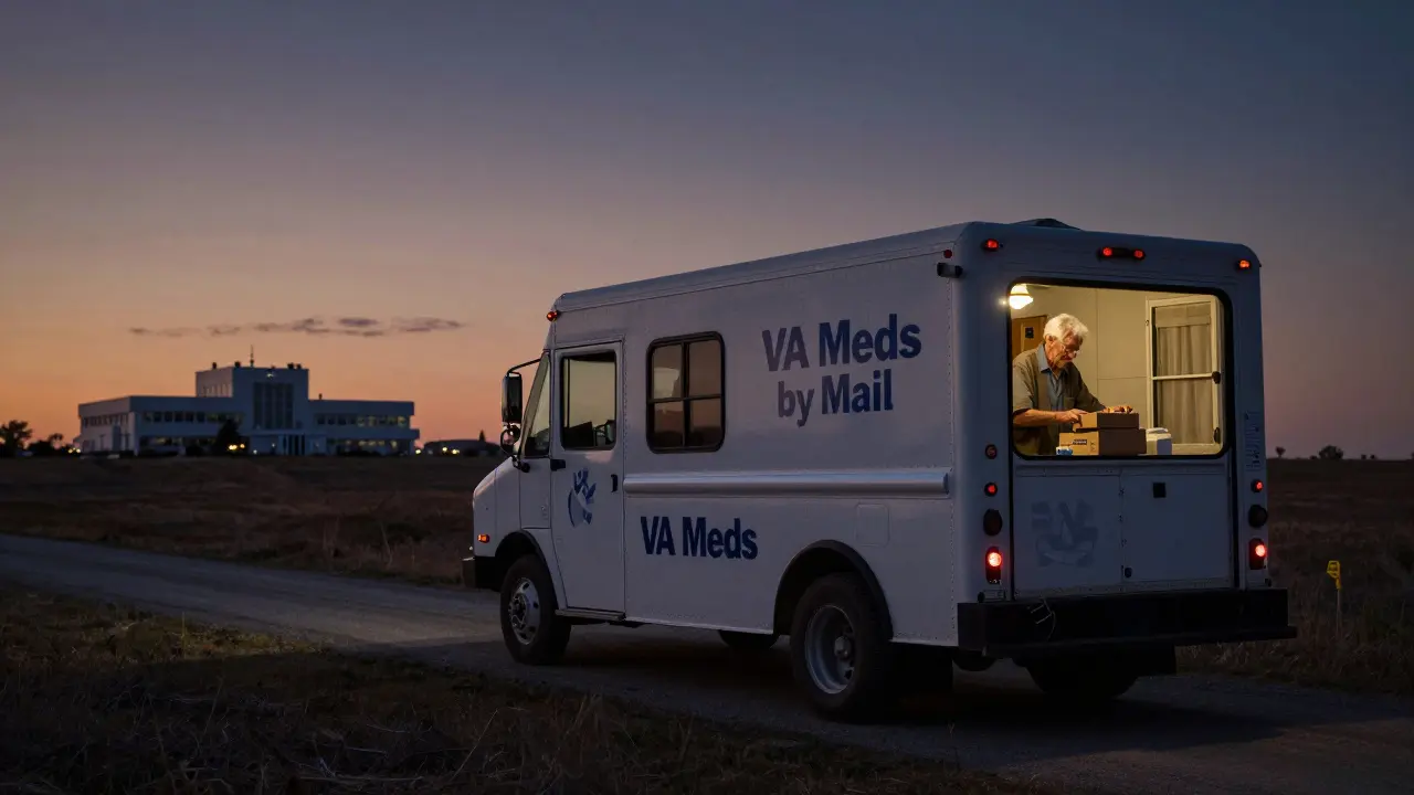 VA mail-order delivery truck at dusk, veteran receiving medications at home in rural setting.