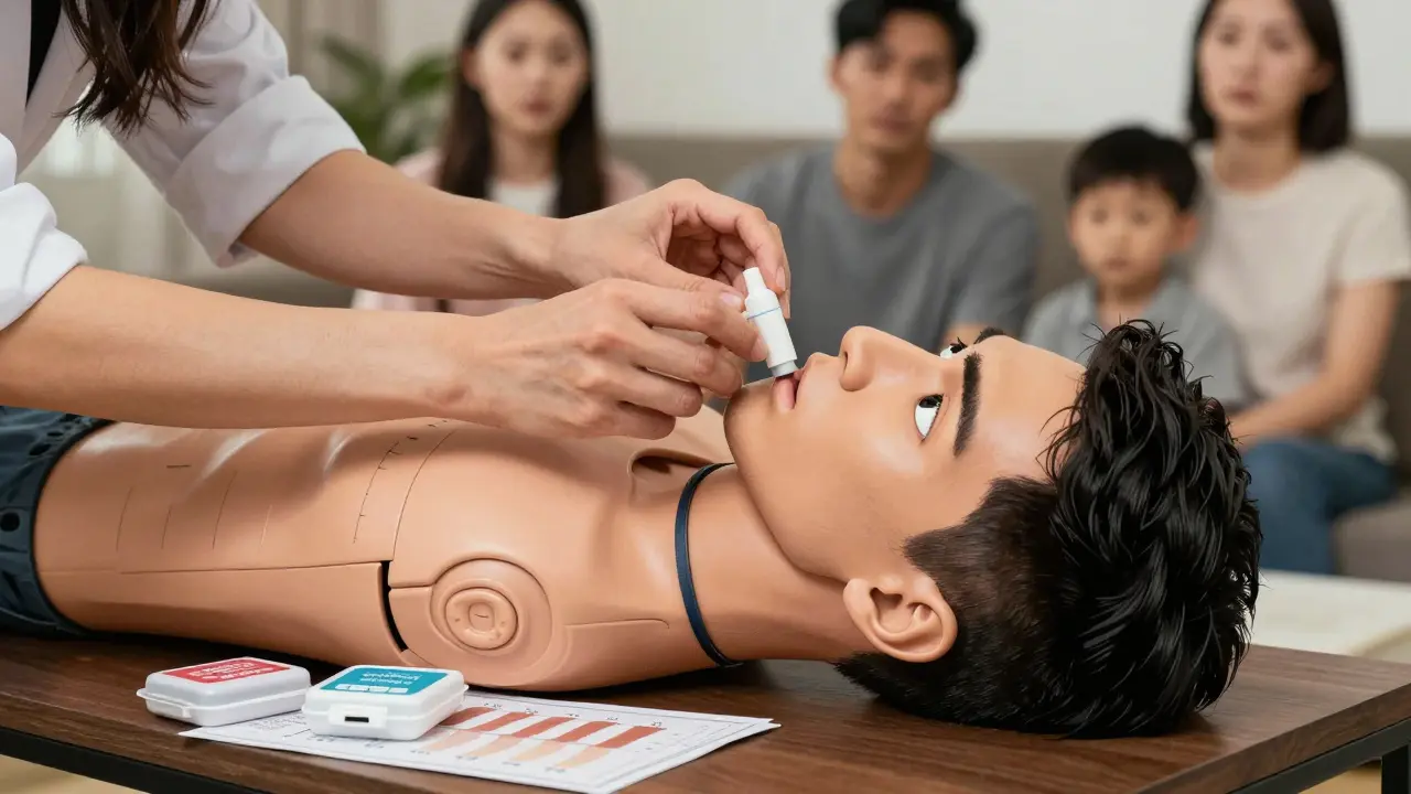 Woman administering naloxone nasal spray while training kits and skin-tone guide are visible.
