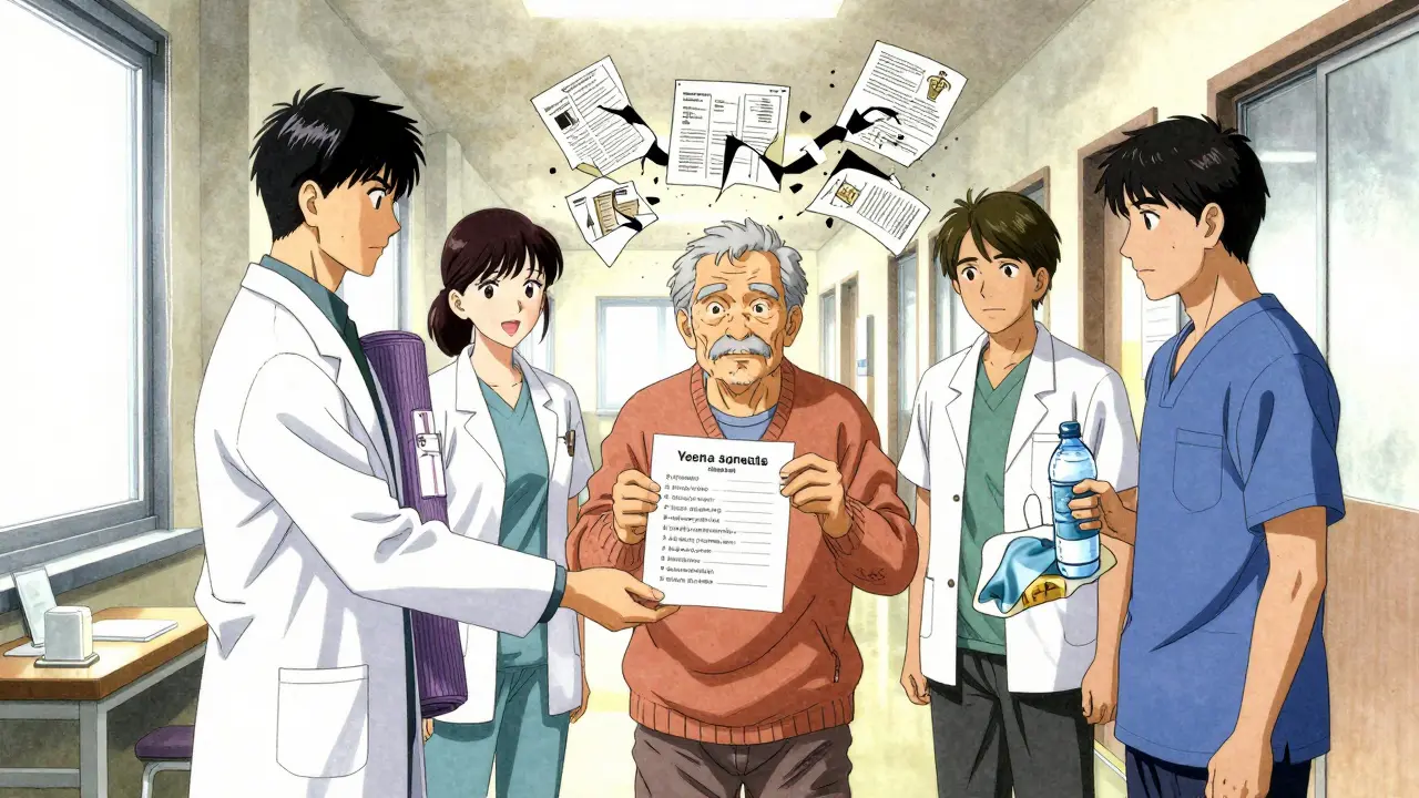 A care team hands a senior non-drug therapy tools as outdated medical charts crumble behind them.