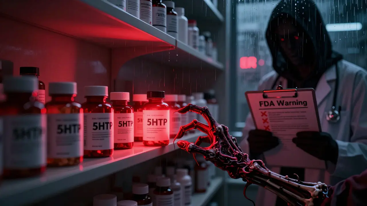 A dark pharmacy shelf with ominous 5-HTP bottles glowing red, a hand reaching for one as shadowy warning figures loom.