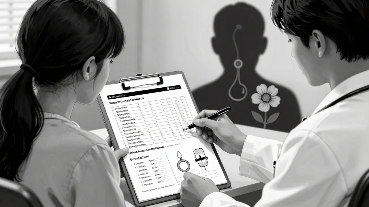 A doctor and patient reviewing hormone therapy options with risk and benefit symbols shown visually.