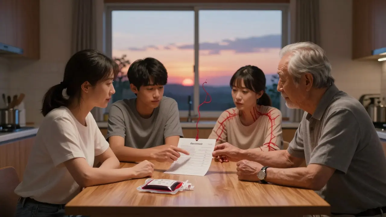 A family reviewing a genetic test result at dusk, iron tendrils connecting them, a blood bag on the table.