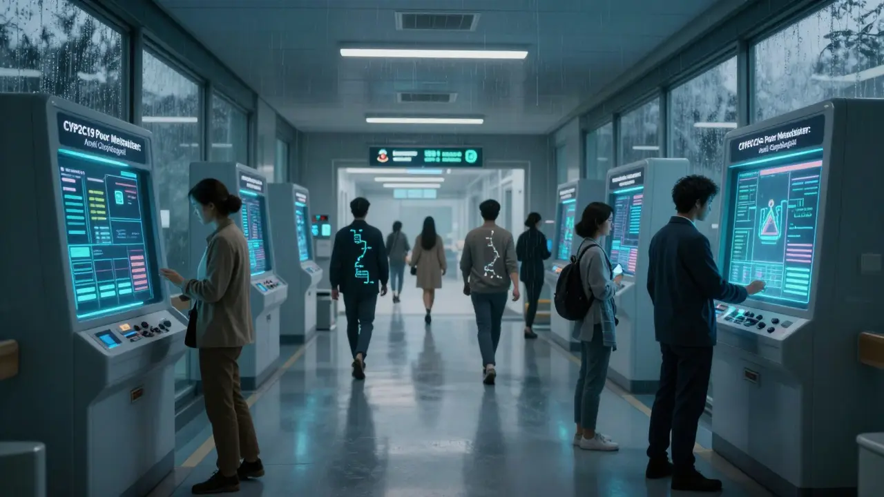 A hospital hallway with digital alerts warning about drug-gene interactions as diverse patients walk by.