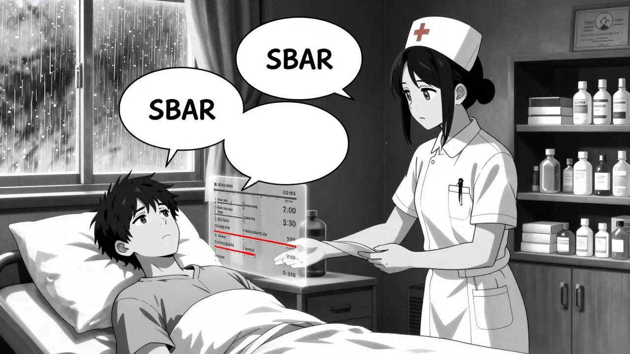 A nurse uses SBAR to communicate with a pharmacist at a patient’s bedside, with floating data overlays showing drug risks and savings.