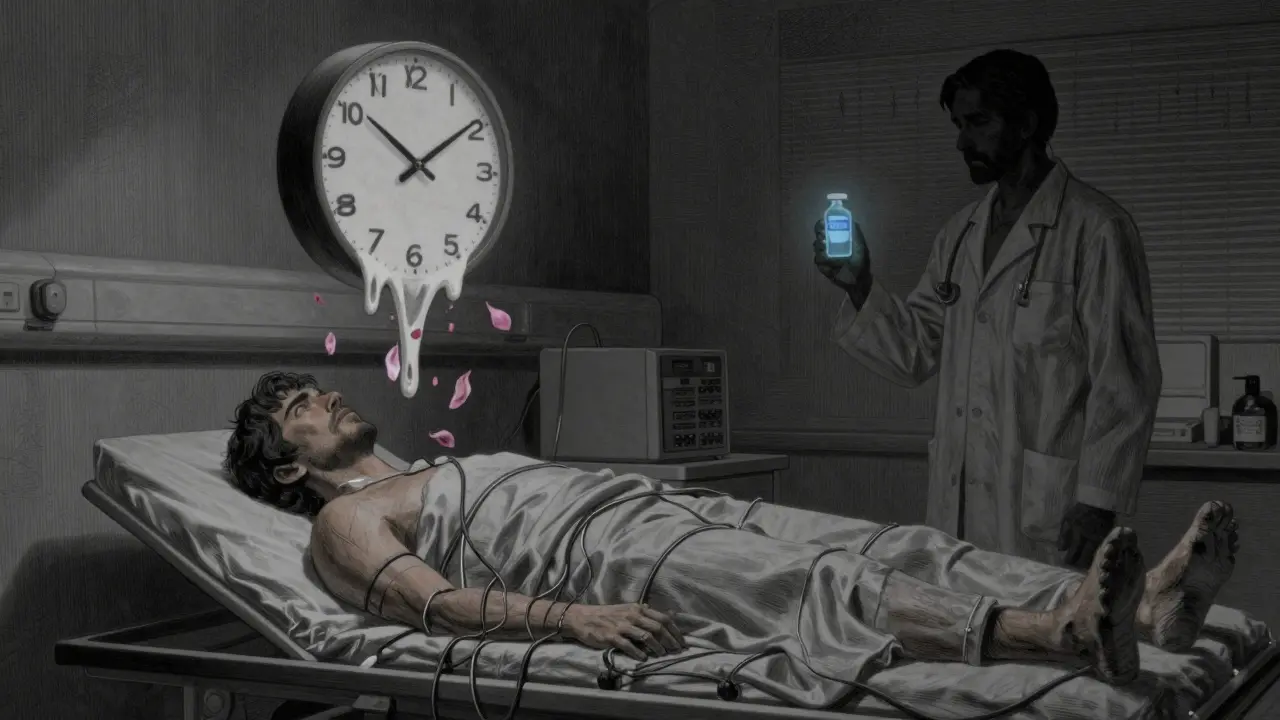 A patient connected to sleep monitoring equipment, with a symbolic vial of hypocretin glowing blue.