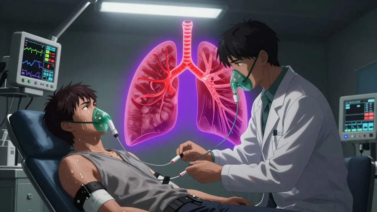 A patient undergoing supervised aspirin challenge in a hospital, surrounded by medical monitors and glowing airway diagrams.