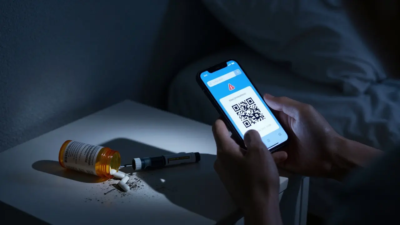 A person scans a QR code on an insulin pen at night, while an expired bottle lies nearby.