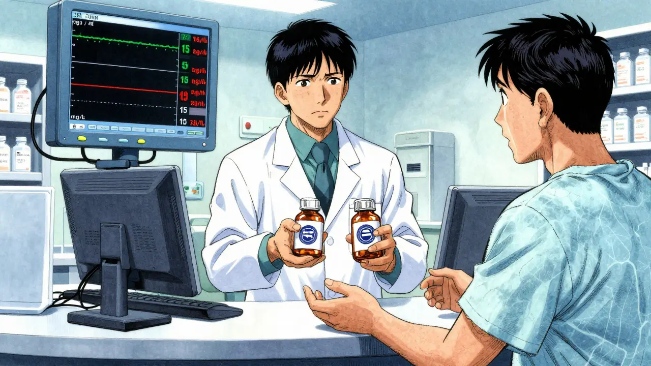 A pharmacist hands two different generic tacrolimus bottles to a worried patient, with blood level graphs visible in the background.