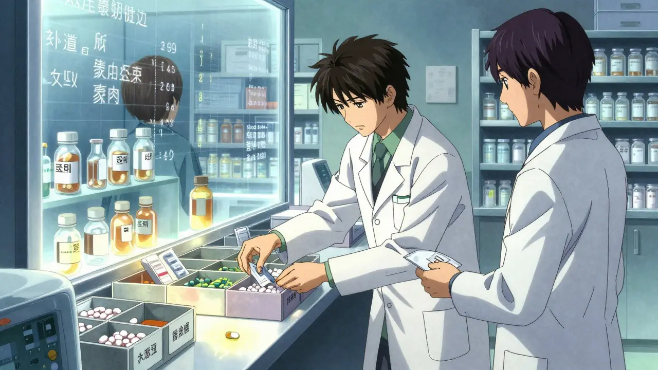 A pharmacist prepares pre-packaged pills in a hospital pharmacy, with medication history visible as ghostly text behind them.