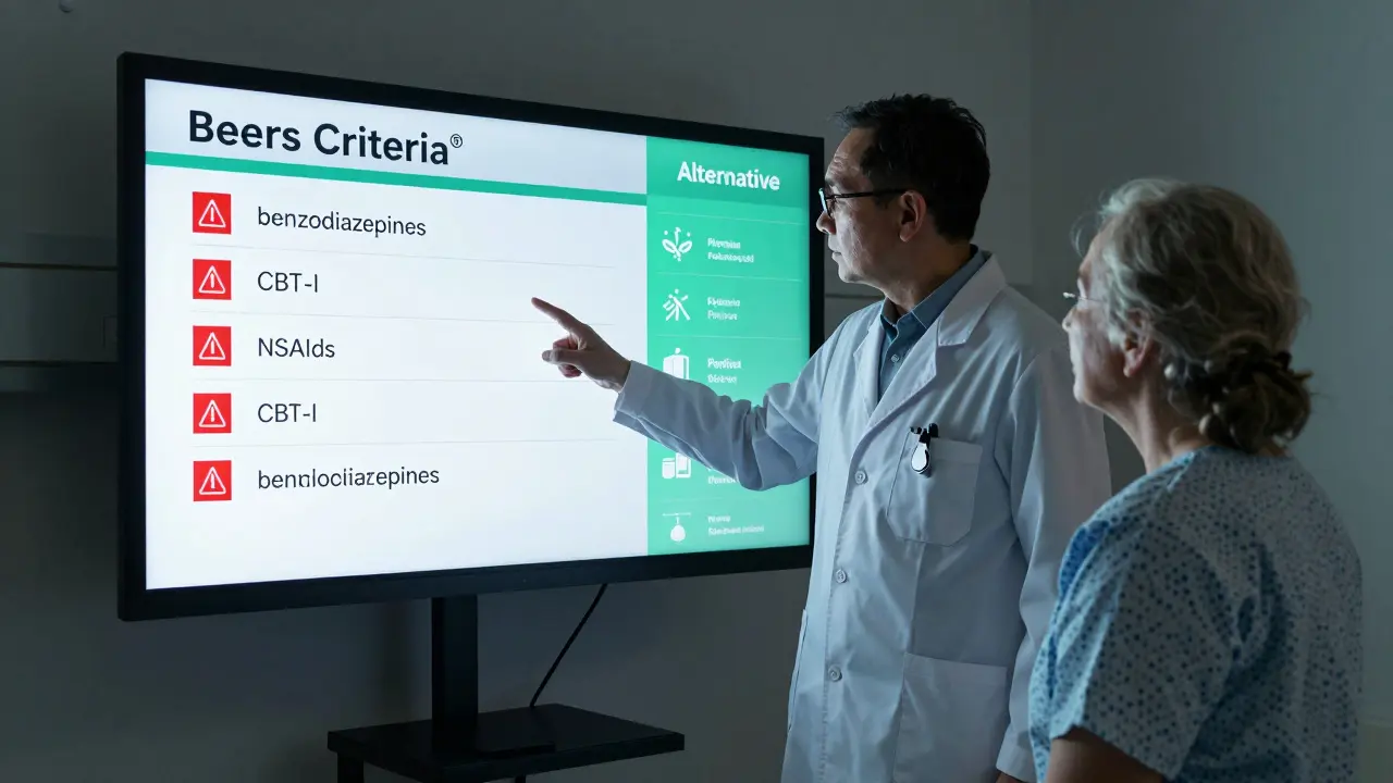 A pharmacist shows an elderly woman a digital screen with drug warnings and safer alternatives.