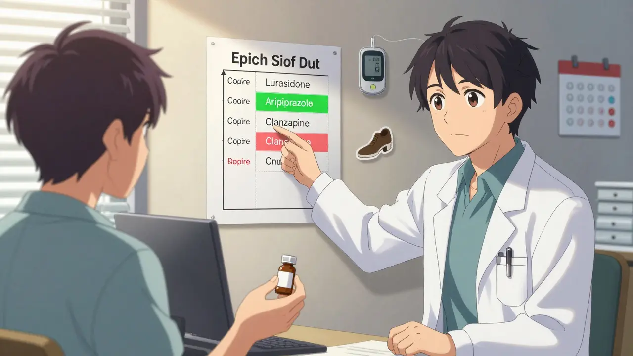 A psychiatrist and patient review a weight risk chart in a quiet office, with metformin and walking icons floating nearby.
