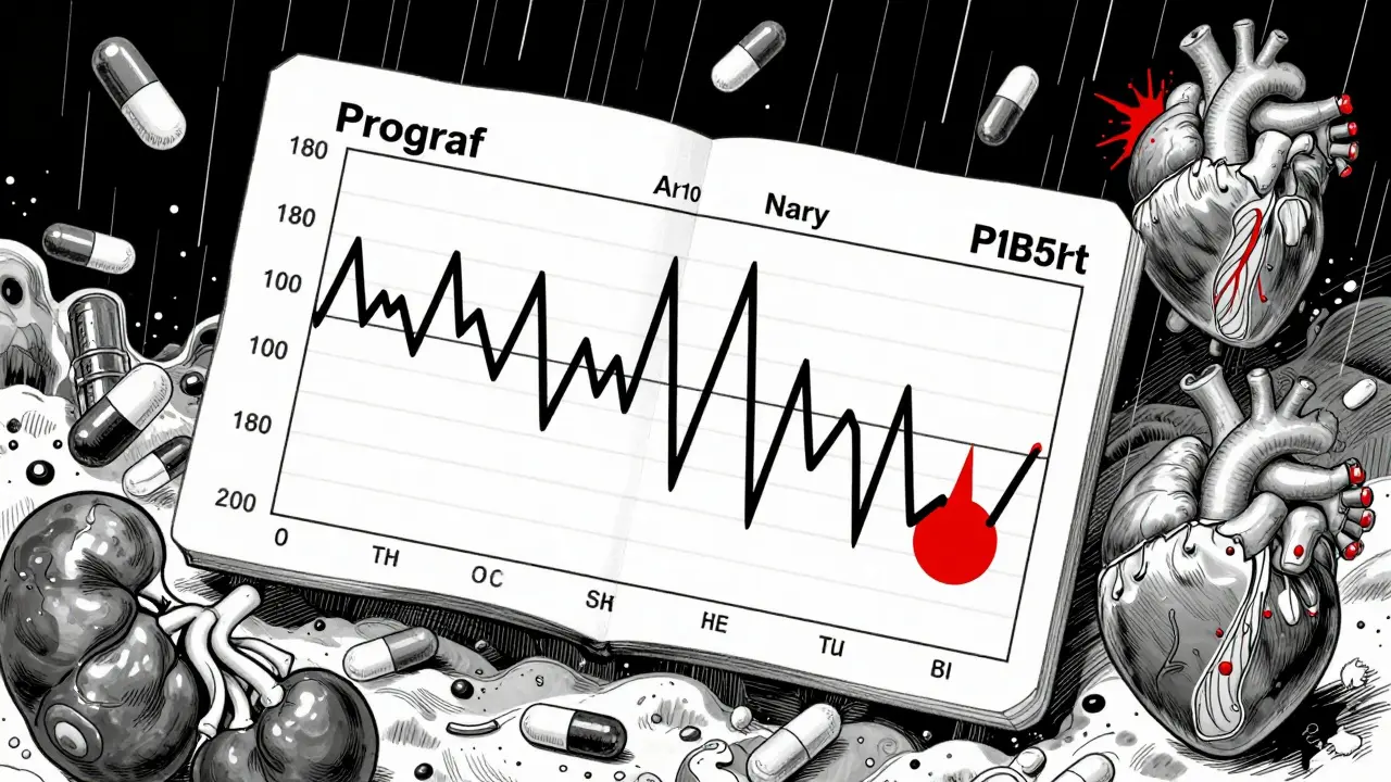 A surreal medical chart shows stable vs. unstable blood levels of immunosuppressants, surrounded by pills, a heart, and a kidney.