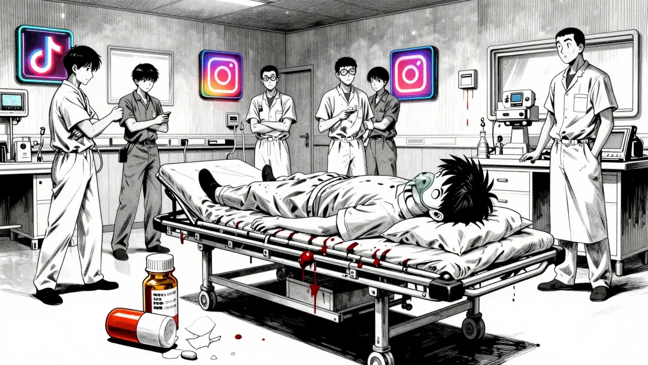 A teenager lies unconscious in an ER, a fake pill on the floor as medical staff rush, social media logos flicker in the background.
