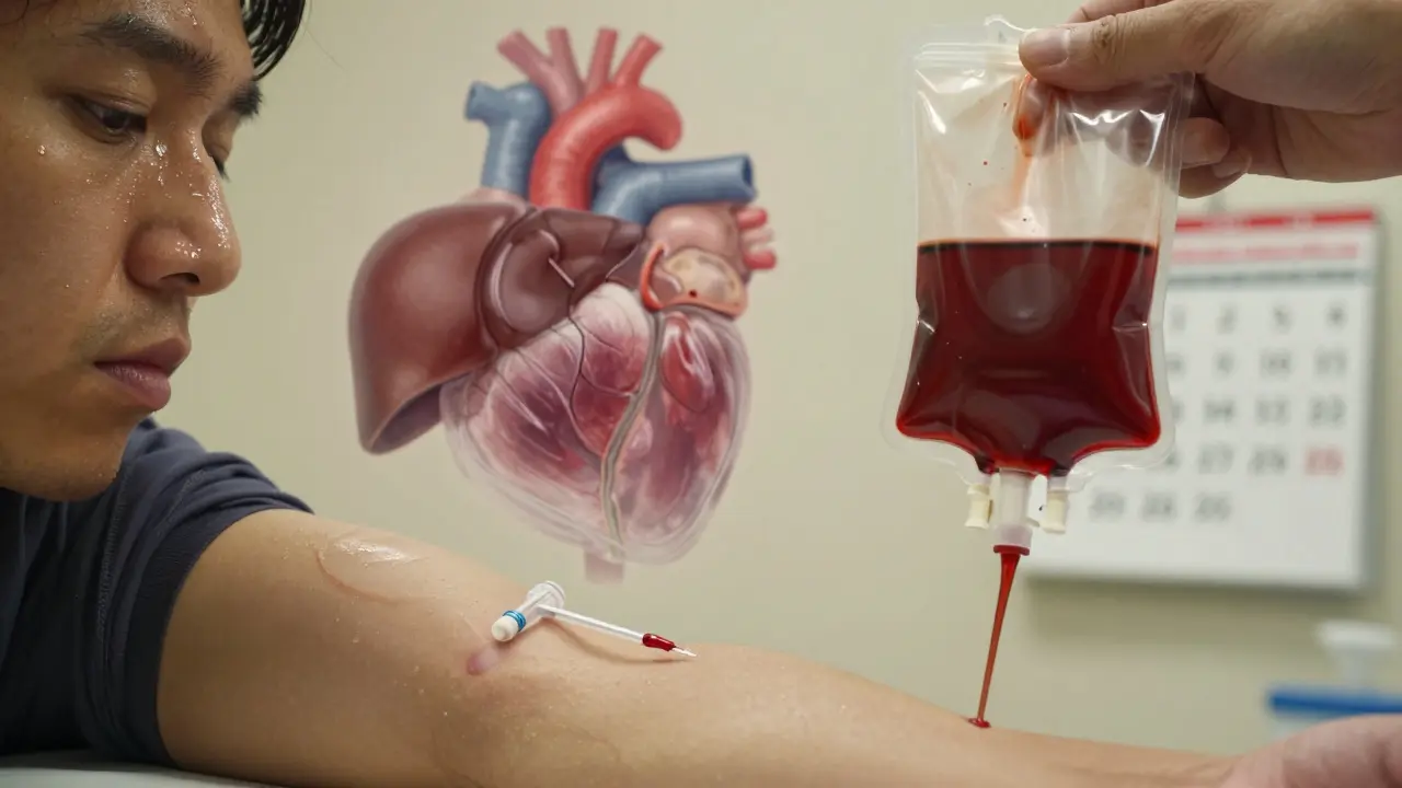 A therapeutic phlebotomy session with blood flowing into a bag, healing organs visible in ghostly overlay.