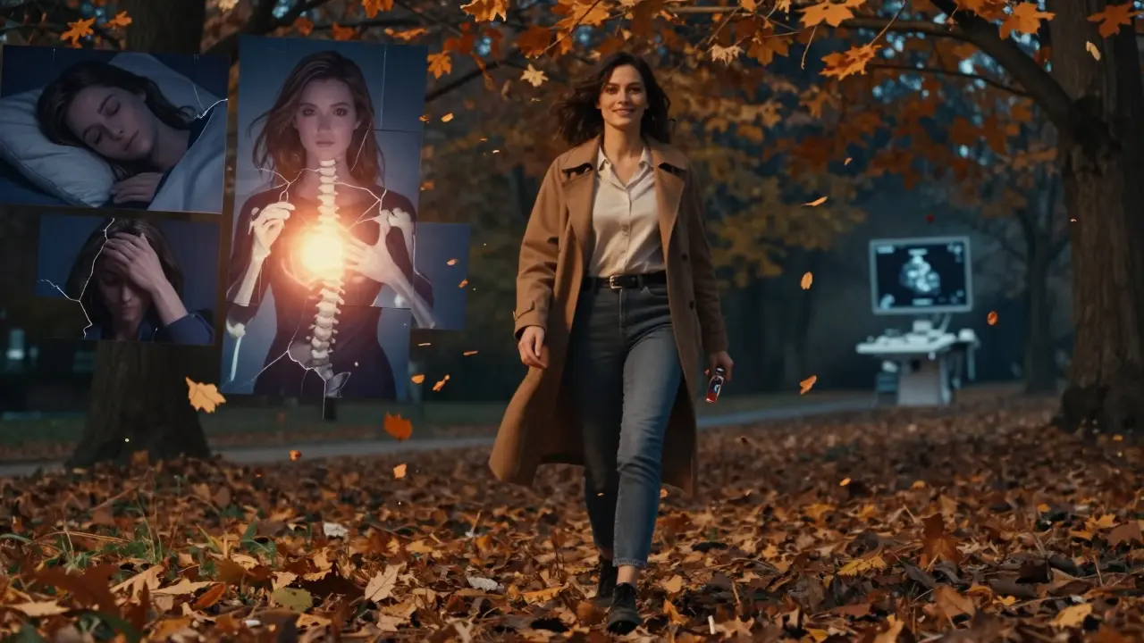 A woman walking confidently in autumn, HRT medication in hand as past struggles fade into light.