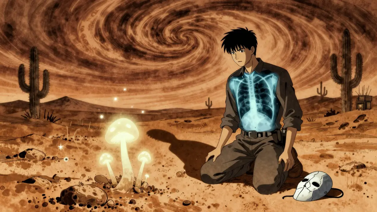 A worker surrounded by fungal spores rising from soil, lung nodules visible.