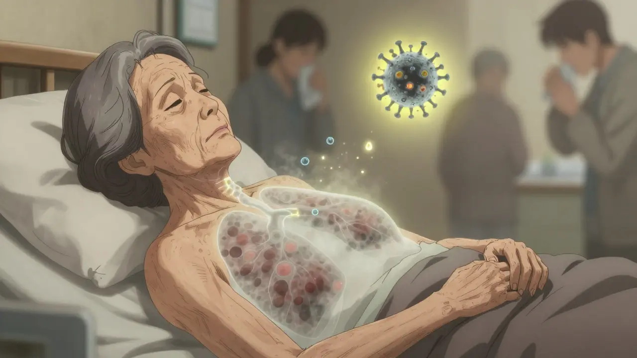 An elderly woman with misty viral inflammation spreading through her lungs.