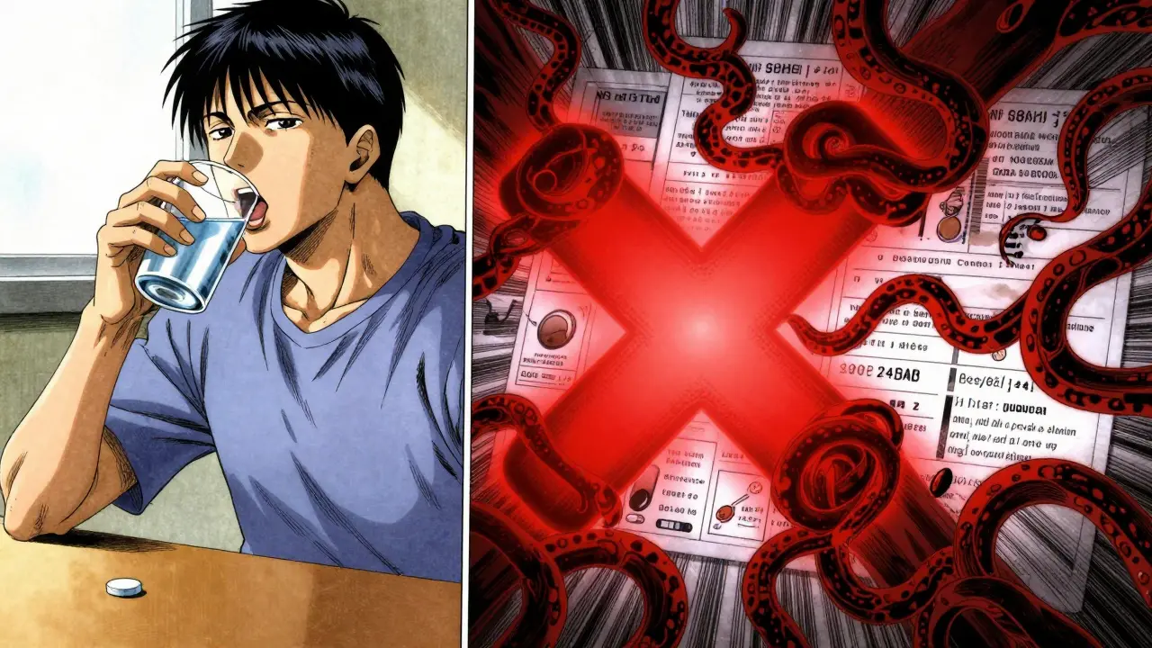 Antibiotic and magnesium tablet with glowing red X and molecular bonds clashing.