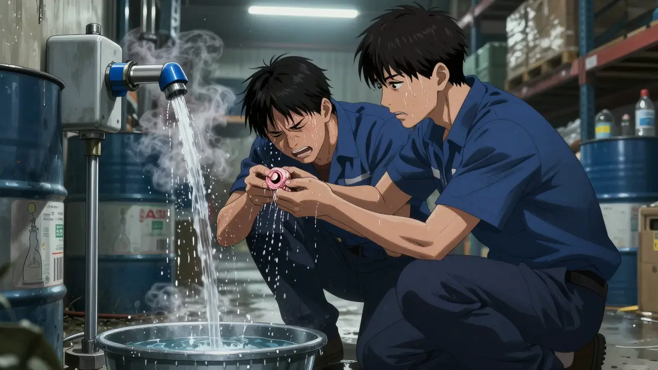 Coworker helping another flush eye at workplace eyewash station, water flowing under harsh lights.