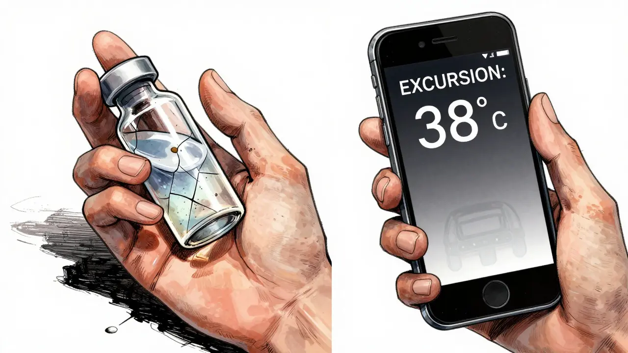 Cracked insulin vial beside smartphone showing extreme heat alert, dark dramatic lighting.