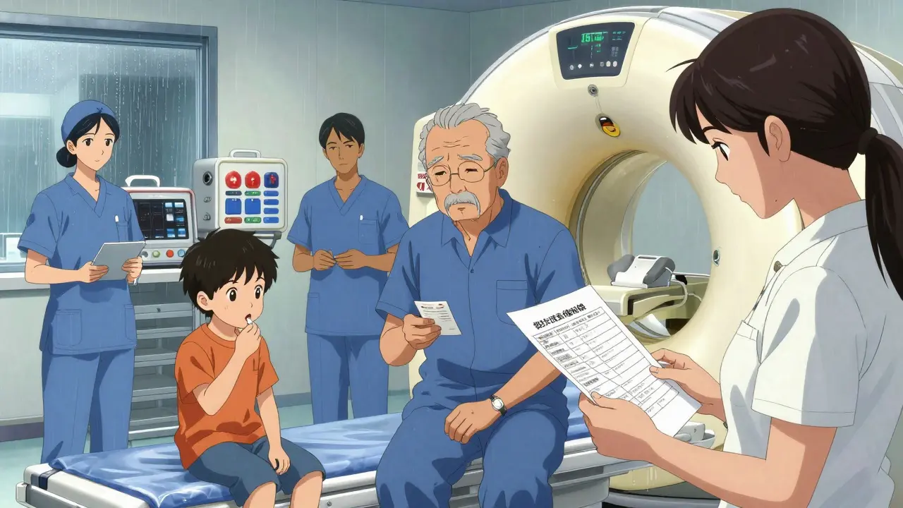 Diverse patients in radiology suite preparing for scan, staff nearby with emergency gear ready.