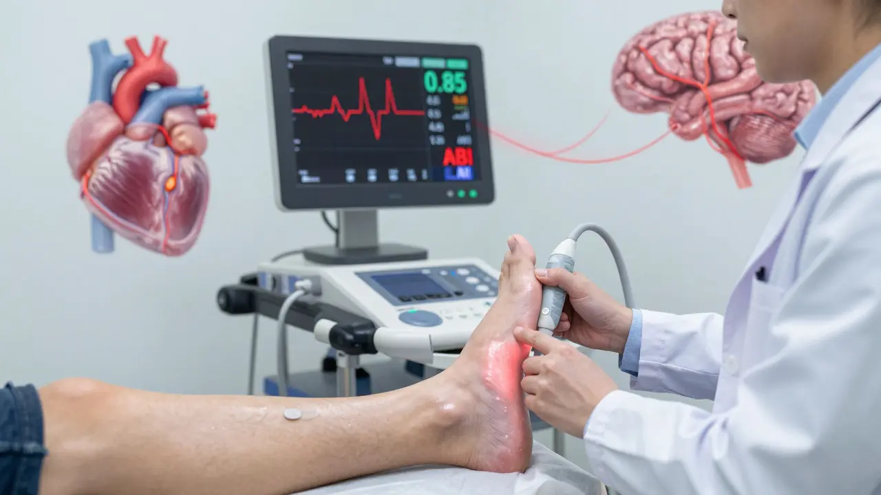 Doctor measuring ankle blood pressure with ultrasound, showing blocked arteries on monitor.