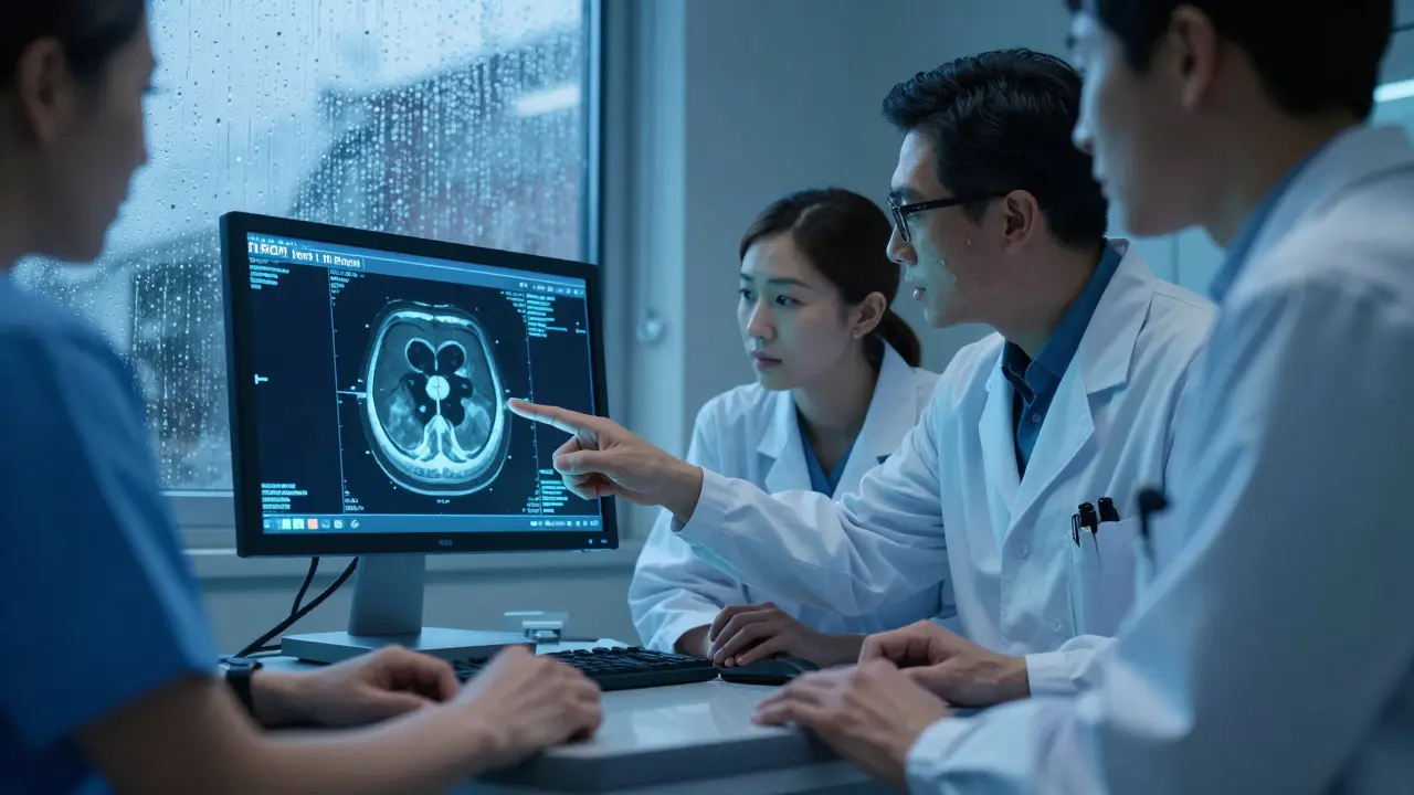 Doctors examining a lung CT scan, a patient’s clubbed fingers visible, in a dim hospital room.